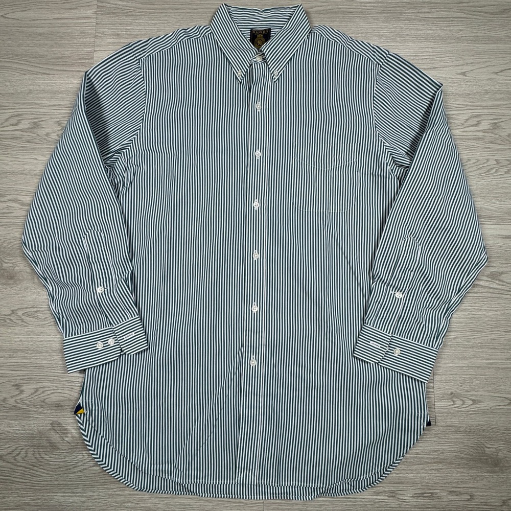 Rugby Ralph Lauren Mens Button Down Shirt Green White Striped 16 32/33 Preppy